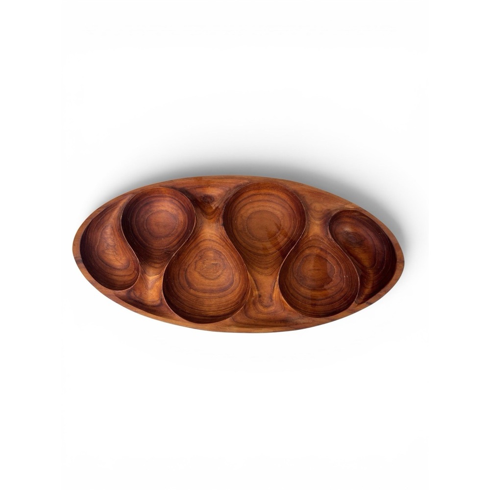 MCM Laur Jensen Style Carved Teak Swirley Snack Tray Thailand 18"‎ x 9" Bowl